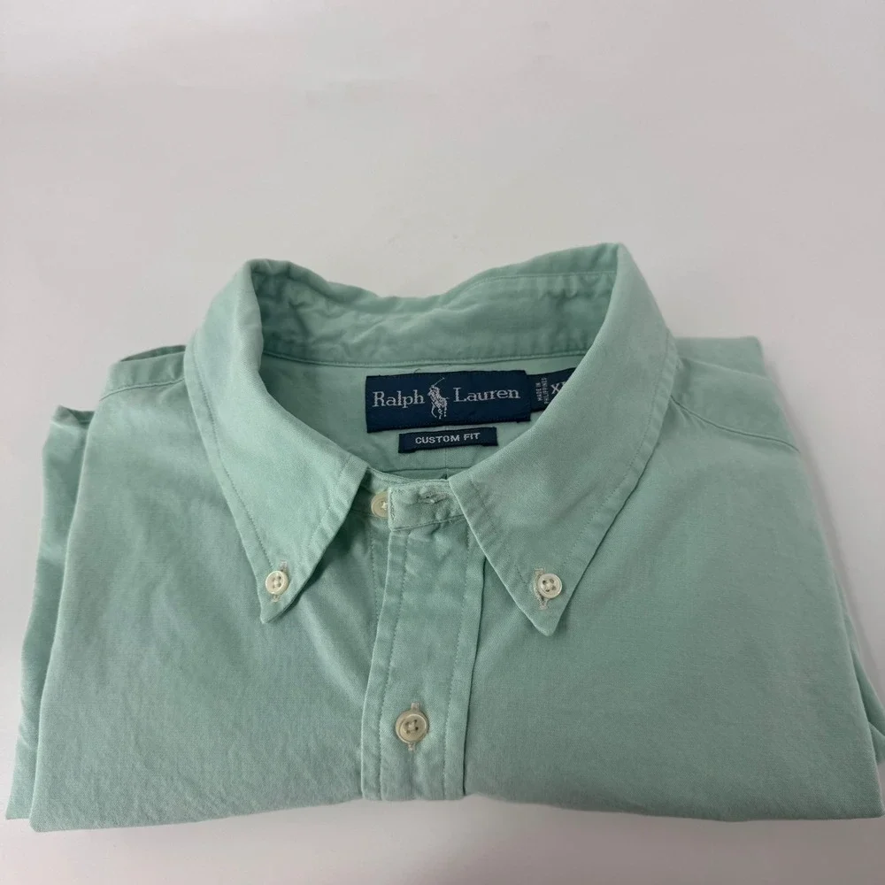 Ralph Lauren Mens XL Custom Fit Short Sleeve Button Down Shirt Mint Green Cotton